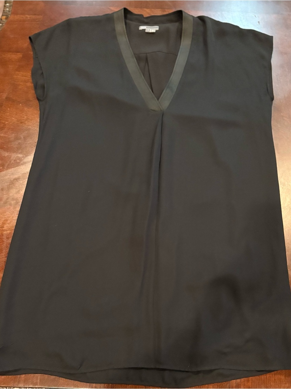 Vince 100% Silk Black Shift Dress with Lamb Leather Trim Size L